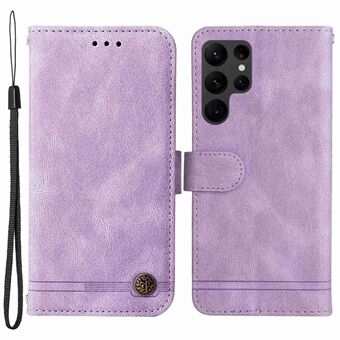 PU Leather Phone Case For Samsung Galaxy S23 Ultra, Tree Pattern Metal Button Lines Imprinted Wallet Stand Skin-touch Anti-drop Phone Cover with Strap