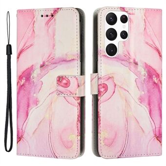 For Samsung Galaxy S23 Ultra Marble Pattern Printing Anti-drop Case Magnetic Clasp PU Leather Foldable Stand Wallet Cover with Strap