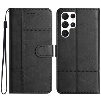 For Samsung Galaxy S23 Ultra Business Style PU Leather Protective Cover Cowhide Texture Line Imprinted Stand Wallet Phone Case with Strap