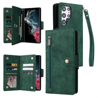 For Samsung Galaxy S23 Ultra Phone Case Stand Wallet Multiple Card Slots Rivet Buckle PU Leather Phone Cover with Strap