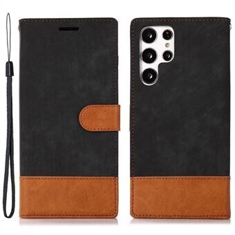 For Samsung Galaxy S23 Ultra Color Splicing PU Leather Wallet Cover Magnetic Closure Stand Skin-Touch Feeling Anti-Fingerprint Phone Case with Strap
