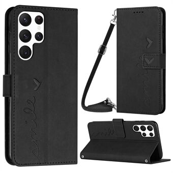 Stand Case for Samsung Galaxy S23 Ultra, Heart Shape Imprinted Wallet Skin-touch Feeling PU Leather Phone Cover with Shoulder Strap