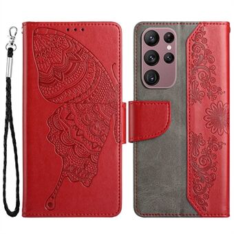 PU Leather Phone Case for Samsung Galaxy S23 Ultra, Butterfly Flower Imprinted Hands-free Stand Wallet Cover