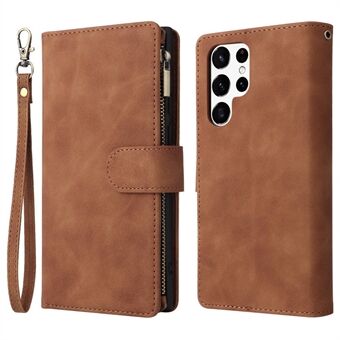For Samsung Galaxy S23 Ultra Multiple Card Slots Phone Cover PU Leather Wallet Stand Full Protection Case with Zipper Pocket