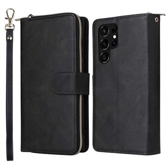 For Samsung Galaxy S23 Ultra Hands-free Stand Wallet Phone Flip Case PU Leather Magnetic 9 Card Holder Slots Zipper Pocket Cover with Strap