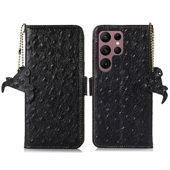 For Samsung Galaxy S23 Ultra RFID Blocking Ostrich Pattern Genuine Cowhide Leather Case, Side Magnetic Closure Phone Case Anti-fall Stand Wallet Phone Cover