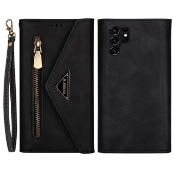 For Samsung Galaxy S23 Ultra Zipper Pocket Skin-touch Feeling Case PU Leather Wallet Stand Anti-drop Phone Cover with Short + Long Strap