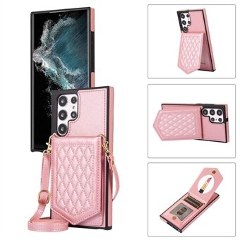 For Samsung Galaxy S23 Ultra Imprinted PU Leather Coated TPU Kickstand Case Anti-drop RFID Blocking Card Holder Phone Cover with Shoulder Strap