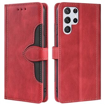 For Samsung Galaxy S23 Ultra Phone Stand Case, Skin-touch Feeling PU Leather Magnetic Clasp Straw Hat Design Wallet Folio Flip Cover