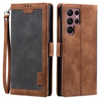 For Samsung Galaxy S23 Ultra Retro Splicing Style PU Leather Shockproof Phone Case Wallet Stand Folio Flip Cover with Strap