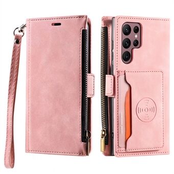 For Samsung Galaxy S23 Ultra Zipper Pocket Stand PU Leather Case Back Card Holder Magnetic Clasp Phone Wallet Cover with Hand Strap