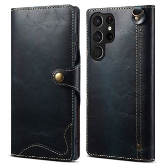 For Samsung Galaxy S23 Ultra Oil Wax Texture Magnetic Button Closure Genuine Leather Case Wallet Full Protection Phone Cover with Strap