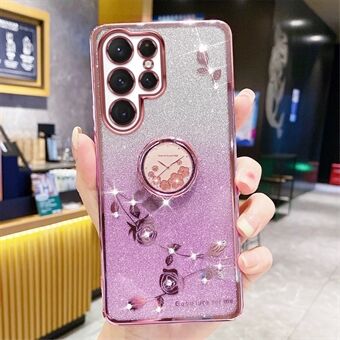 Flower Pattern Phone Case Kickstand For Samsung Galaxy S23 Ultra, Rhinestone Decor Scratch-resistant Gradient Glitter Phone Back Cover