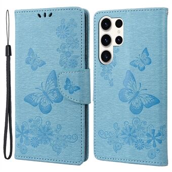 Anti-drop Phone Cover for Samsung Galaxy S23 Ultra, PU Leather Phone Case Wallet Butterflies Flower Imprinting Shell with Stand