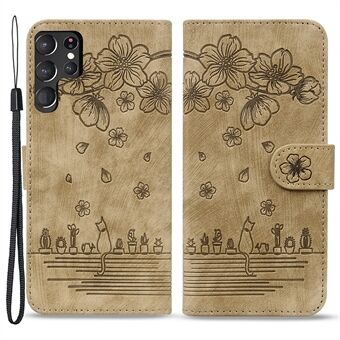 For Samsung Galaxy S23 Ultra Imprinted Cat PU Leather Wallet Case Folding Stand Phone Cover with Strap