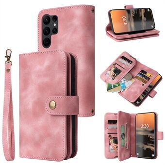 Leather Phone Case for Samsung Galaxy S23 Ultra Zipper Pocket Multifunctional Phone Stand Wallet Cover with Straps
