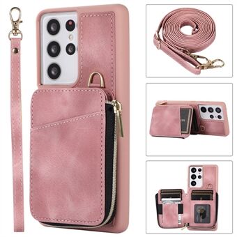 For Samsung Galaxy S23 Ultra Kickstand Phone Case Zipper Card Bag Leather+TPU Phone Cover with Straps
