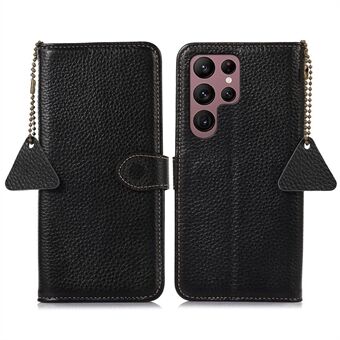 Phone Cover for Samsung Galaxy S23 Ultra Litchi Texture Genuine Cow Leather RFID Blocking Stand Wallet Case