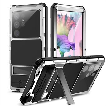 R-JUST For Samsung Galaxy S23 Ultra Kickstand Phone Case PC+Silicone+Metal Waterproof Dust-proof Cover with Screen Protector