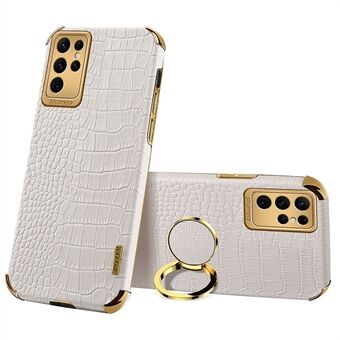 Crocodile Texture Phone Case for Samsung Galaxy S23 Ultra , Ring Kickstand PU Leather Coated TPU 6D Electroplated Cover