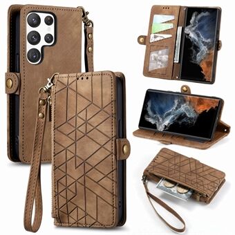 Zipper Pocket Phone Case for Samsung Galaxy S23 Ultra PU Leather Geometry Imprinted Wallet Stand Cover