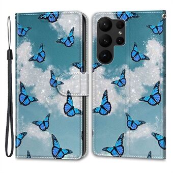 For Samsung Galaxy S23 Ultra PU Leather Pattern Printing Phone Case Card Holder Stand Cover with Strap