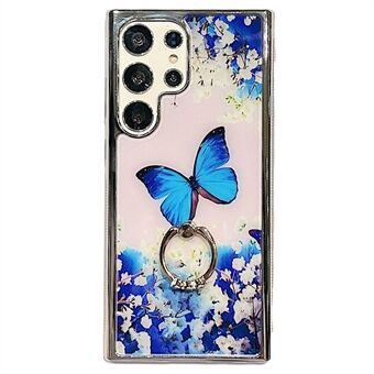 For Samsung Galaxy S23 Ultra IMD Flower Pattern Electroplating Cover PC+TPU Phone Case with Ring Kickstand