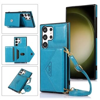 For Samsung Galaxy S23 Ultra PU Leather Coated TPU Phone Case Card Holder Kickstand Shockproof Cover with Shoulder Strap