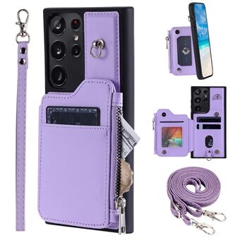 009 RFID Blocking Wallet Case for Samsung Galaxy S23 Ultra , PU Leather Coated TPU Kickstand Zipper Phone Cover with Straps