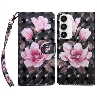 For Samsung Galaxy S23 3D Pattern Printing Anti-scratch Stand Case PU Leather Drop-proof Phone Wallet Cover with Strap