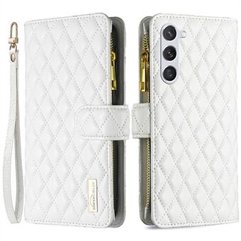 BINFEN COLOR BF Style-15 Zipper Wallet Case for Samsung Galaxy S23, Imprinted Rhombus Pattern PU Leather Stand Magnetic Phone Cover with Strap