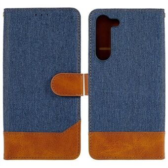For Samsung Galaxy S23 Calf Texture Splicing Jeans Cloth PU Leather Case Magnetic Clasp Phone Cover with Stand Wallet