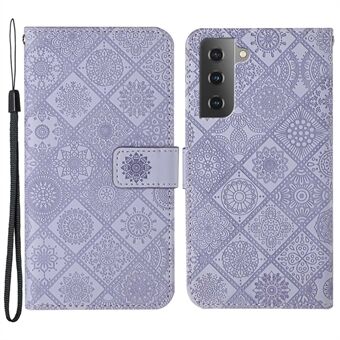 Cell Phone Case for Samsung Galaxy S23, PU Leather Wallet Ethnic Style Imprinted Flower Stand Cover with Strap
