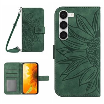 For Samsung Galaxy S23 HT04 Imprinted Sunflower Wallet Case Skin-Touch PU Leather Stand Magnetic Clasp Phone Cover with Shoulder Strap