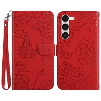 For Samsung Galaxy S23 HT03 Skin-touch PU Leather Wallet Case Stand Magnetic Closure Imprinted Butterfly Flowers Phone Cover with Strap
