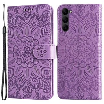 For Samsung Galaxy S23 Anti-scratch PU Leather Sunflower Imprinted Stand Phone Case Magnetic Closure Cover with Hand Strap