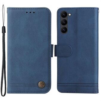 For Samsung Galaxy S23 Scratch-resistant Flip Leather Wallet Case Stand Tree Pattern Metal Button Lines Imprinted Skin-touch Protective Phone Cover with Strap