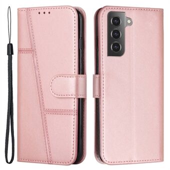 For Samsung Galaxy S23 PU Leather Folding Stand Phone Cover Stitching Design Magnetic Closure Wallet Flip Cover with Strap