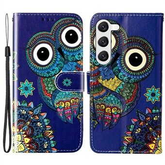 For Samsung Galaxy S23 Pattern Embossed Phone Cover PU Leather+TPU Viewing Stand Wallet Case with Hand Strap