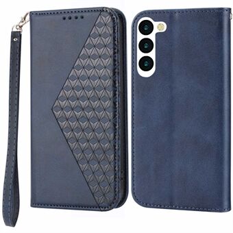 For Samsung Galaxy S23 Calf Texture Imprinted Rhombus Pattern Phone Stand Cover PU Leather Wallet Magnetic Closure Shell with Strap