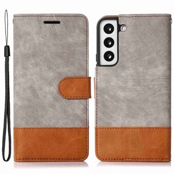 For Samsung Galaxy S23 Skin-Touch Feeling PU Leather Wallet Phone Case Bi-Color Splicing Stand Magnetic Closure Full Body Protective Cover with Strap