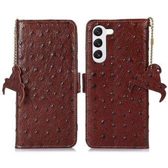 For Samsung Galaxy S23 RFID Blocking Ostrich Pattern Genuine Cowhide Leather Case, Side Magnetic Closure Phone Case Wallet Phone Cover with Stand