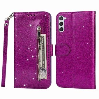 For Samsung Galaxy S23 Zipper Pocket Glittery PU Leather Anti-drop Phone Case Flip Wallet Stand Full Protection Phone Cover