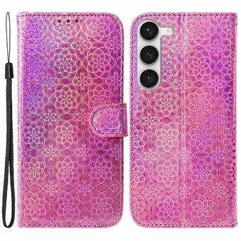 For Samsung Galaxy S23 Dazzling Flower Pattern Phone Cover Anti-scratch PU Leather Magnetic Wallet Stand Phone Shell with Strap