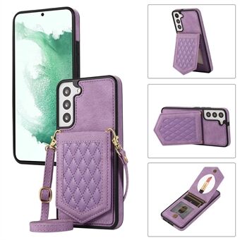 For Samsung Galaxy S23 Imprinted PU Leather Coated TPU Kickstand Case RFID Blocking Card Holder Mirror Anti-drop Phone Cover with Shoulder Strap