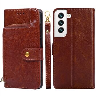 For Samsung Galaxy S23 Scratch Resistant Zipper Pocket Phone Case PU Leather Stand Wallet Cover with Handy Strap
