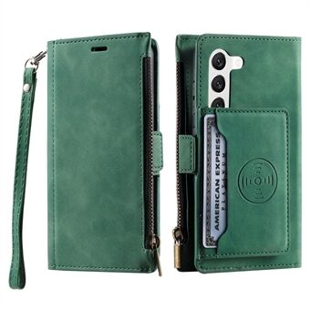 For Samsung Galaxy S23 Zipper Pocket Phone Case PU Leather Back Card Holder Stand Wallet Cover with Hand Strap