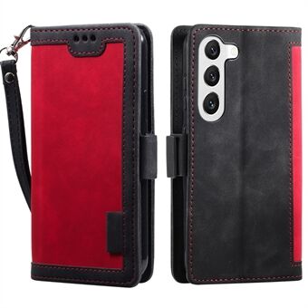 For Samsung Galaxy S23 Retro Splicing Style PU Leather Case Wallet Stand Magnetic Clasp Phone Cover with Strap