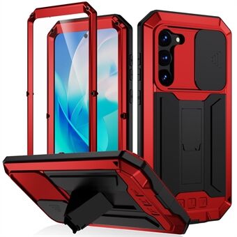 R-JUST For Samsung Galaxy S23 PC+Silicone+Metal Phone Back Case Slide Camera Lid Design Drop-proof Kickstand Cover with Tempered Glass Screen Protector