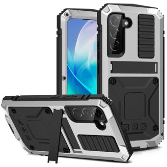 R-JUST For Samsung Galaxy S23 Hidden Kickstand PC+Silicone+Metal Shockproof Case Waterproof Dust-proof Back Cover with Tempered Glass Screen Protector